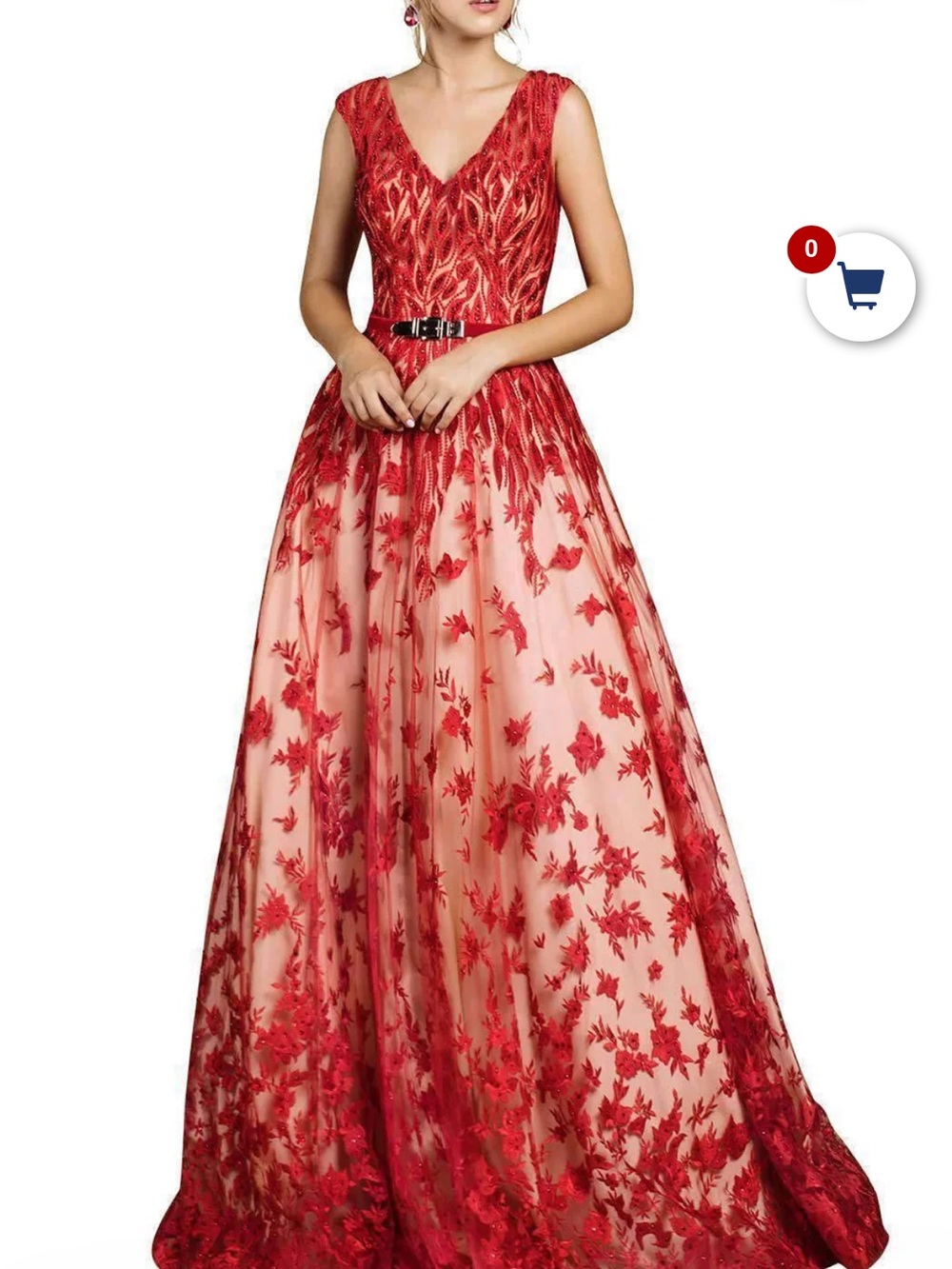 652. Andrea&Leo Red Floral Lace V-Neck Maxi Dress with Belt